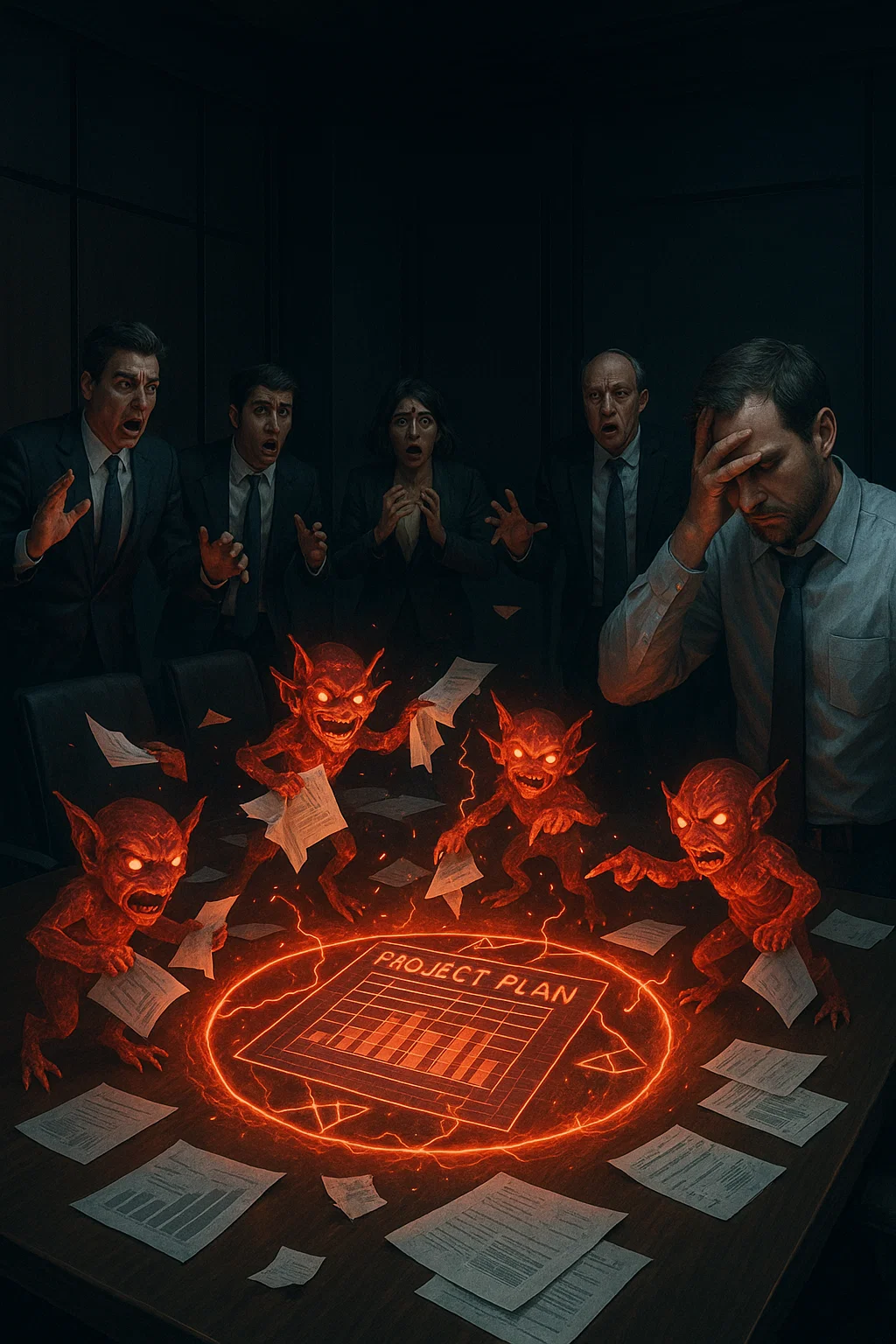 A group of corporate executives recoil in horror as small red demons dance around a glowing project plan drawn on the conference table, summoning chaos from their own business charts. The scene satirizes how failed corporate rituals and efficiency obsessions conjure their own disasters.