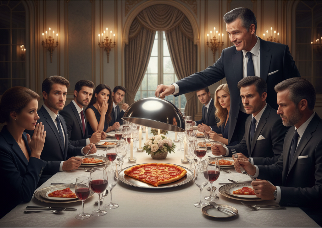 A group of serious executives sit at an elegant dining table as a waiter dramatically lifts a silver platter lid to reveal a plain pizza. Their faces mix confusion and disappointment. The scene humorously represents corporate miscommunication and unmet expectations.